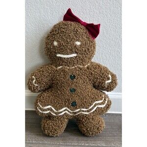 Pottery Barn Ms. Spice Gingerbread Shaped Pillow EUC Brown With Red Bow